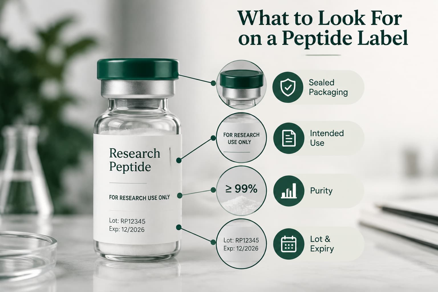 Figure 2: Understanding peptide product labels by checking intended use, research-only warnings, product details, traceability information, and factors that separate research compounds from approved medicines.