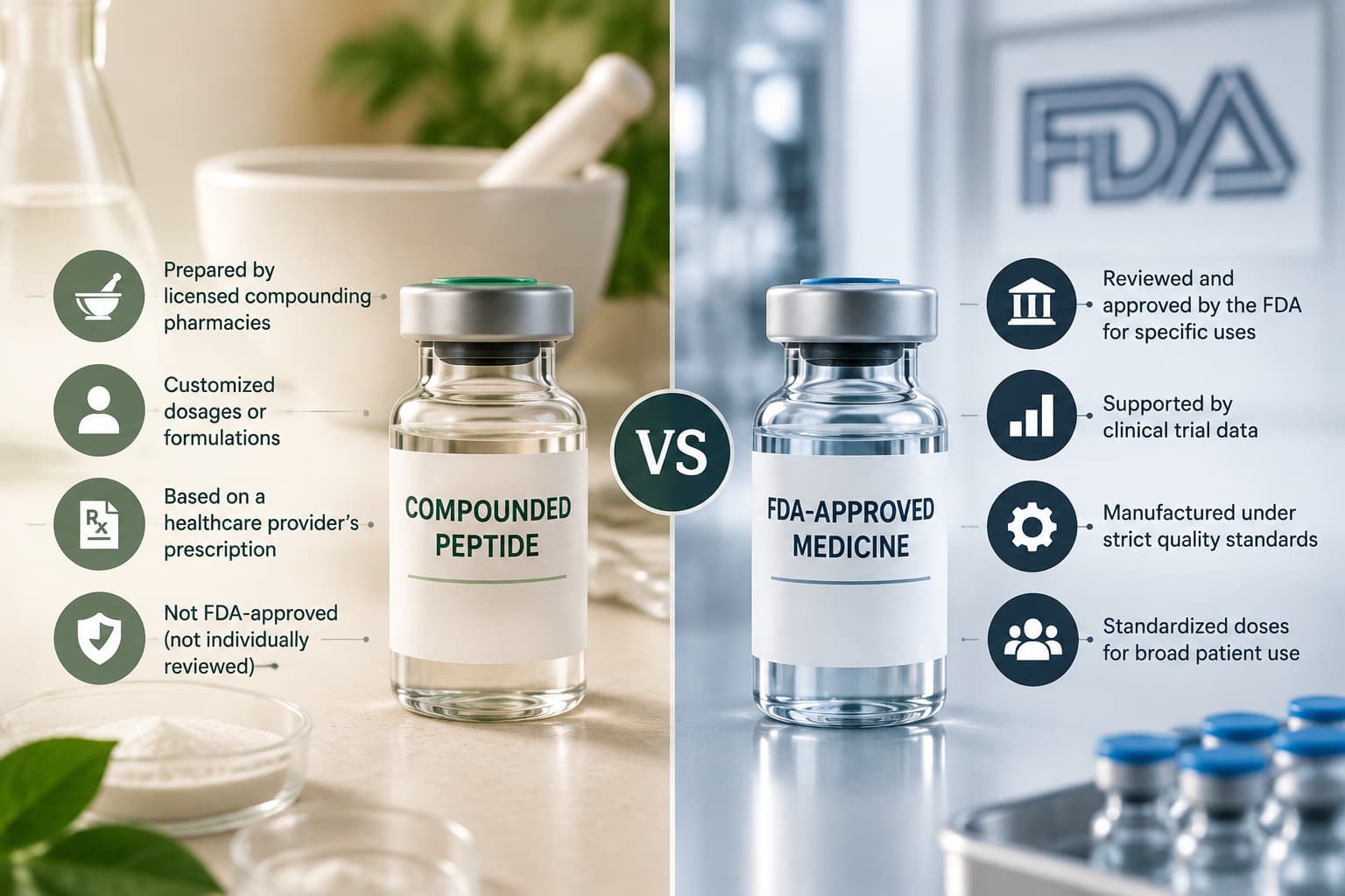Figure 2: Compounded peptides vs FDA-approved medicines: different pathways, evidence standards, and regulatory requirements.