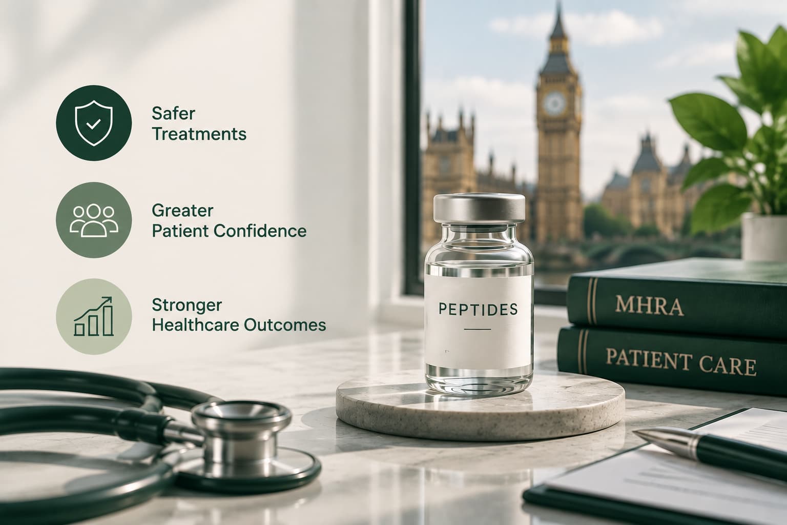 Figure 3: How MHRA regulation supports peptide medicine quality through evidence-based evaluation, manufacturing standards, and patient safety requirements in the UK.