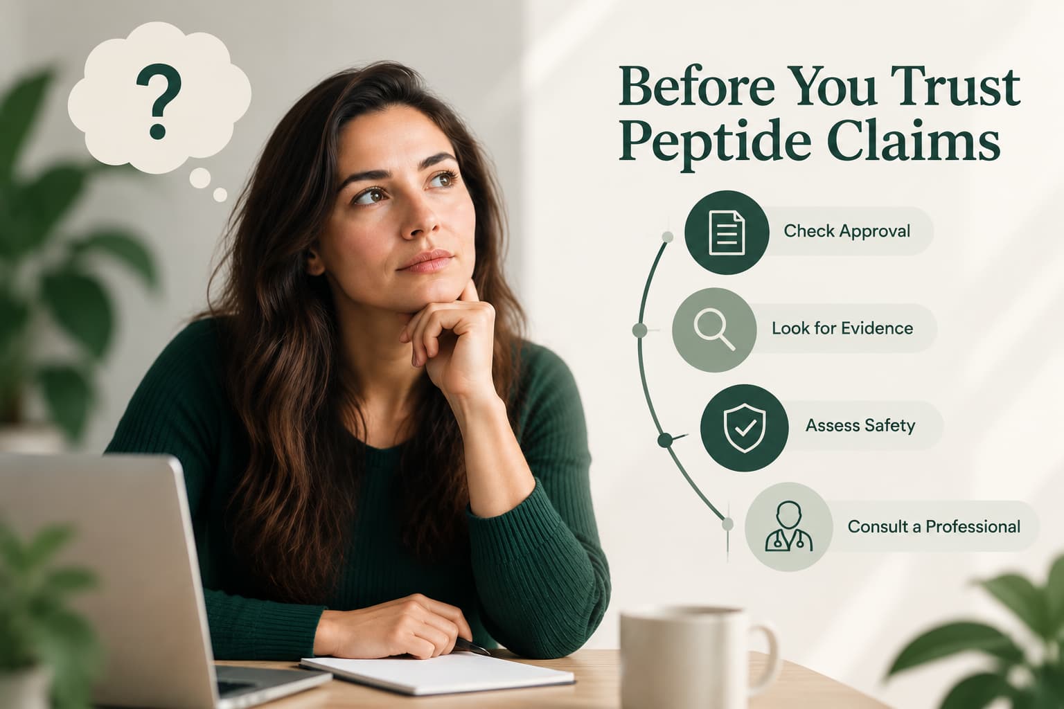 Figure 3: Checklist for evaluating peptide claims by reviewing FDA approval status, clinical evidence, manufacturing quality, medical supervision, and available safety information.