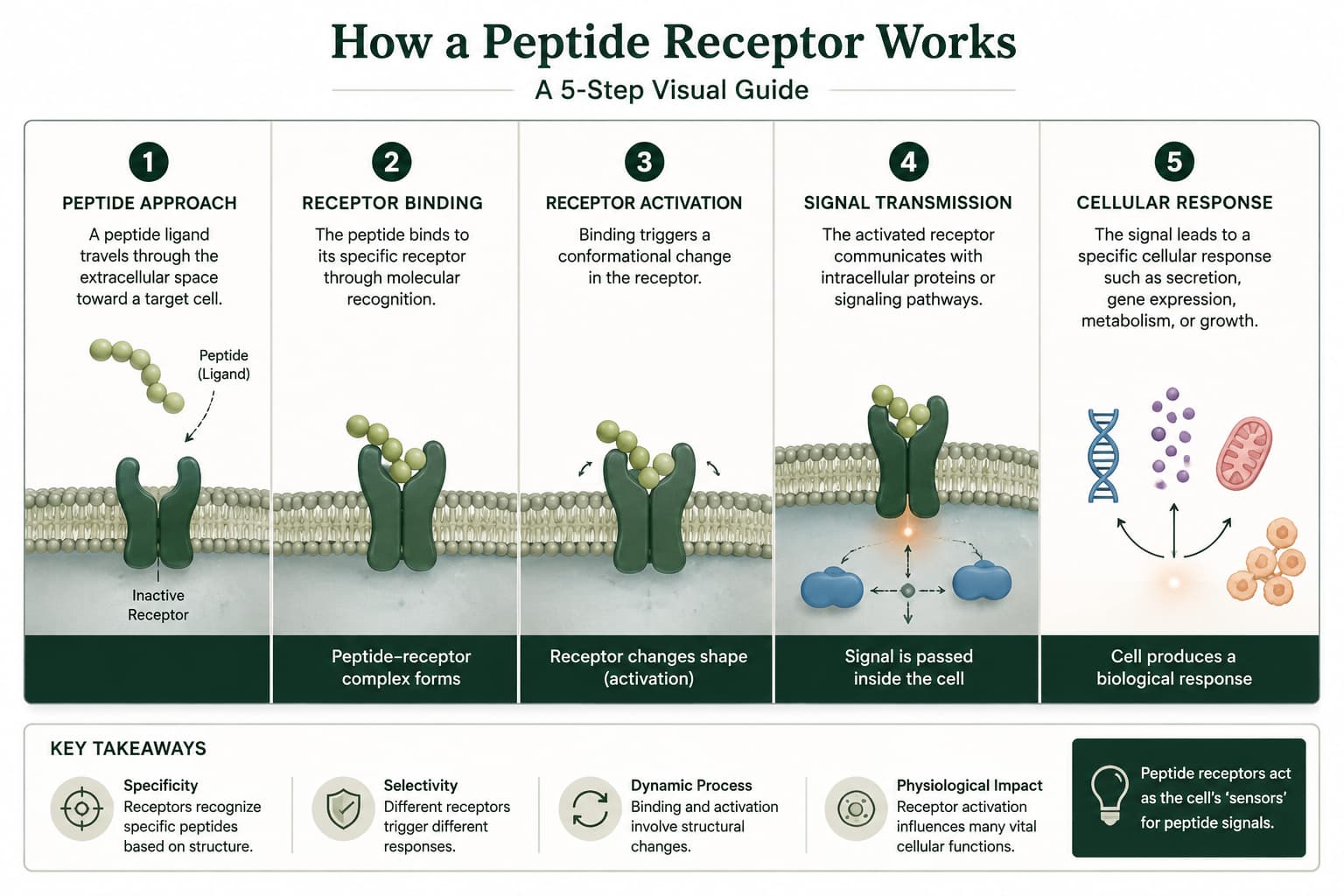 Figure 1: How a peptide receptor recognizes a peptide ligand, binds it at the cell surface, and begins a cellular response.