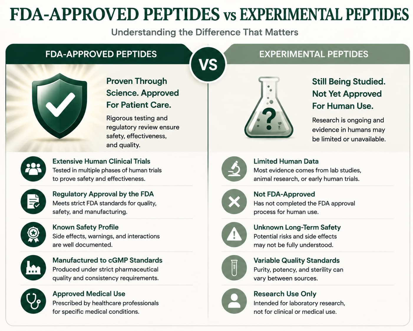 Figure 2: FDA-approved peptides vs experimental peptides comparison showing differences in clinical evidence, FDA oversight, manufacturing standards, safety information, and approved medical use.